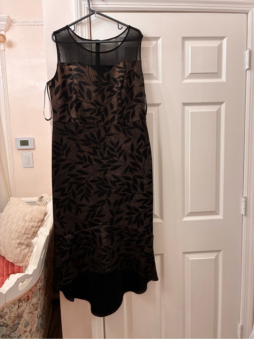 Enfocus Studio Black Dress with Bronze Leaf Overlay and Sheer Yoke